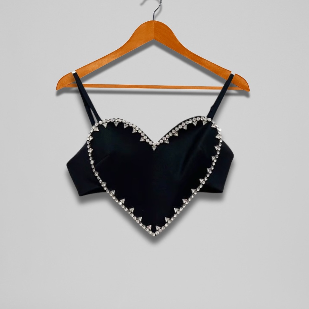 AREA Black Heart Rhinestone Crop Top